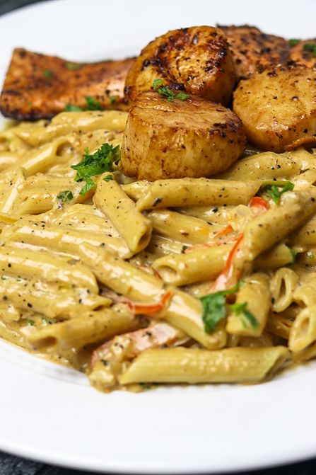 Salmon Comfort Food, Salmon And Scallops Dinners, Salmon And Scallops, Rasta Pasta With Shrimp, Food Seafood, Salmon Rasta Pasta, Salmon Rasta Pasta Recipe, Cajun Salmon Pasta, Fish Pasta Recipes