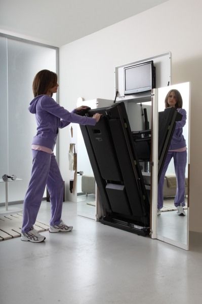 Hidden Gym Equipment Storage, Treadmill Storage Ideas, Hidden Gym Equipment, Hidden Treadmill, Hide A Treadmill, Treadmill Storage, Small Home Gyms, Treadmill Desk, Studio Gym