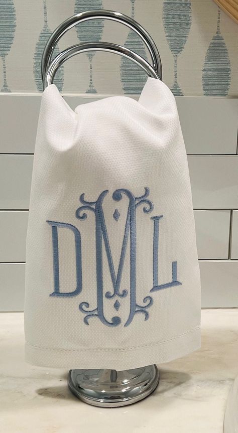 Customized, embroidered monogrammed guest towels make an excellent addition to your home decor. They also serve as wonderful gifts for summer gatherings, housewarming celebrations, or engagement parties. This listing is for ONE 100% cotton, machine embroidered, huck towel. Choice of towel: Cotton Pique: 17" x 22" This has a subtle diamond pattern to the weave and is highly absorbent AND lint free. OR Terrycloth: 15.5" x 27" This towel is 100% Turkish cotton, very high quality OR Linen Cotton Blend measures 14" x 22" This has a smooth texture, is very light and lint free. All towels machine wash on gentle cycle, cold water. Hang to dry. Iron as needed. HOW TO ORDER: In the personalization box, please state Monogram for personalization, your thread color(s), and Font choice from the Options Southern Home Decor, Huck Towels, Unique Bridal Shower Gifts, Personalized Tea Towel, Monogramed Gifts, Monogram Towels, Engagement Parties, Embroidery Monogram, Southern Home