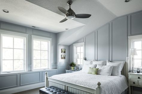 Traditional Bedroom Cathedral Vaulted ceilings Ceiling Fan Vaulted Ceiling, Vaulted Ceiling Bedroom, Vaulted Ceiling Ideas, Slanted Walls, Bedroom Traditional, Slanted Ceiling, Gray Walls, Traditional Interior Design, Bedroom Accent