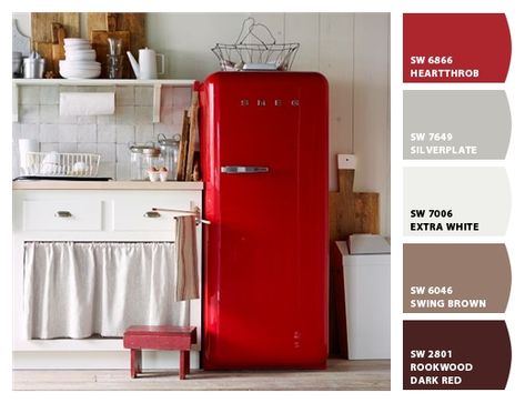 Smeg Fridge Kitchen, Kitchen With Red Fridge, Red Refrigerator Kitchen Design, Red Fridge Kitchen, Red Smeg Fridge Kitchen, Colorful Appliances, Smeg Orange Fridge, Blue Fridge, Painted Refrigerator