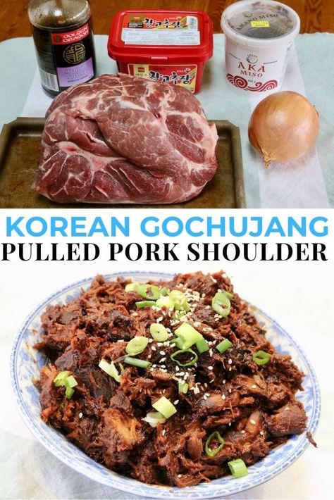 Learn how to make the best homemade Gochujang Pulled Pork. Our easy homemade Korean recipe features pork shoulder, red pepper paste, hoisin sauce, miso, onion, scallions and sesame seeds. After roasting in the oven you can pull apart the tender pork chunks with a fork. Serve with steamed rice and noodles or in a sandwich or taco. Miso Gochujang Pulled Pork, Korean Pork Shoulder Recipes, Gochujang Recipe Pork, Asian Pork Shoulder Recipes, Easy Pork Shoulder Recipes, Korean Pulled Pork, Homemade Gochujang, Gochujang Pork, Pork Chunks