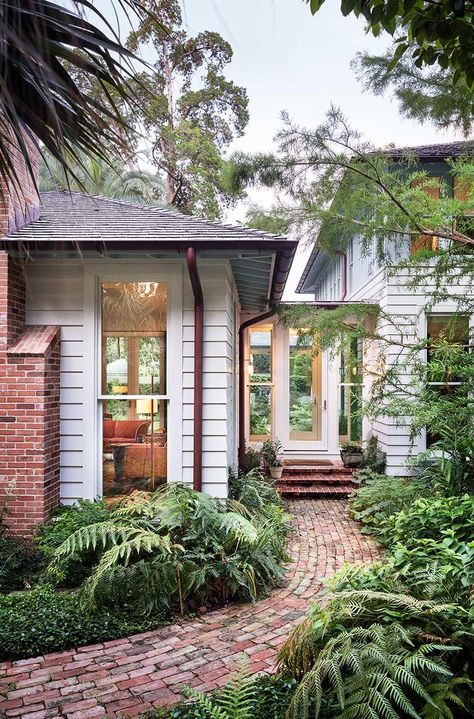 Such a beautiful side entry! The lush landscaping and brick sidewalk make for a great welcome! | Dylan Kyle Architects Brick Sidewalk, Brick Pathway, Brick Walkway, Exterior Details, House Goals, Style At Home, House Entrance, Architecture Project, Home Fashion