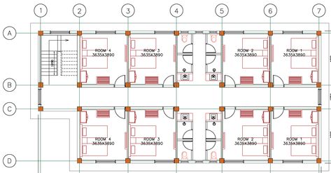 G+1 Hostel Building Plan for 8 rooms and 4 toilets and 4 bathrooms per floor. Students Hostel Floor Plans, Hostel Design Plan Floors, Staff Accommodation Floor Plans, Chamber And Hall Apartment Plan, Hostel Room Plan, Student Hostel Design Floor Plans, Hostel Design Plan, Hostel Room Design, Commercial Building Floor Plan