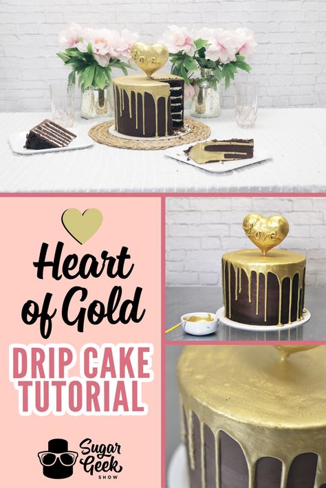 FREE TUTORIAL on the popular drip cake technique in gold! Learn how to make this fun cake! Check out more tutorials and recipes at www.sugargeekshow.com How To Do Gold Drip On Cake, Gold Drip Cake Tutorial, Gold Cake Decorating Ideas, How To Make Gold Drip For Cake, How To Make Gold Drip Icing, Gold Cake Drip, Gold Drip Recipe, Gold Dripping Cake, Drip Cake Tutorial