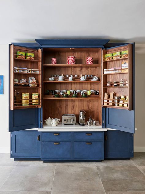 [h2][link url="https://www.ledburystudio.com/"]Ledbury Studio[/link][/h2] I would love to have this ‘Housekeeper’s Cupboard’ from Ledbury Studio in my own kitchen. A freestanding piece of furniture that has been designed for use as a breakfast cupboard and general storage, it is a modern take on Shaker design with its Deco-style cornice, drop-down quartz worktop and handmade concave brass handles. Storage includes drawers, cupboards and glass-fronted display units on the outside while inside the Cupboard Design Kitchen, Breakfast Pantry, Smallbone Kitchens, Modern Kitchen Cupboards, Plain English Kitchen, Kitchen Cost, Solid Oak Floors, Small Modern Kitchens, Kitchen Cupboard Designs