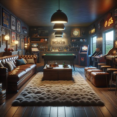 Experience a perfect blend of nostalgia and modernity in our fun man cave. Complete with a home theater system, wooden bar, vintage games, sports memorabilia, and a cozy reading nook. #ManCave #HomeTheater #VintageGames #SportsMemorabilia #ReadingNook #ModernNostalgia Gentlemans Lounge, Garage Bar Ideas, Glam Apartment, Bar Lounge Room, Black Furniture Living Room, Pool Table Room, Whiskey Room, Record Room, Man Cave Basement