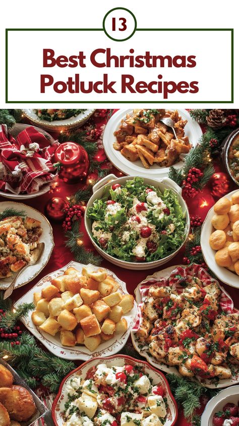 Beautiful holiday potluck table with festive dishes, from appetizers to desserts, perfect for sharing with family and friends at Christmas. Dishes To Pass At A Christmas Party, Christmas Crowd Food, Holiday Main Dishes For A Crowd, Potluck Make Ahead Dishes, No Prep Potluck Ideas, Easy Dish For A Crowd, Potluck Dishes Christmas Party, Midwest Potluck Recipes, Holiday Salads Christmas Potlucks