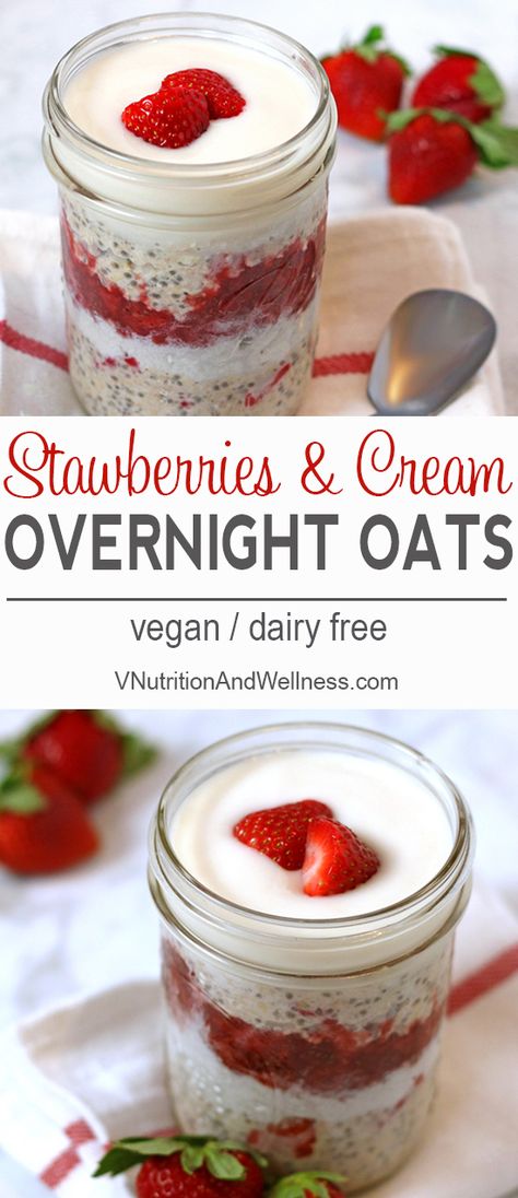 Strawberries And Cream Overnight Oats, Dairy Free Overnight Oats, Strawberry Overnight Oats, Night Oats, Strawberry Treats, Vegan Overnight Oats, Tofu Scramble, Overnight Oatmeal, Simple Breakfast