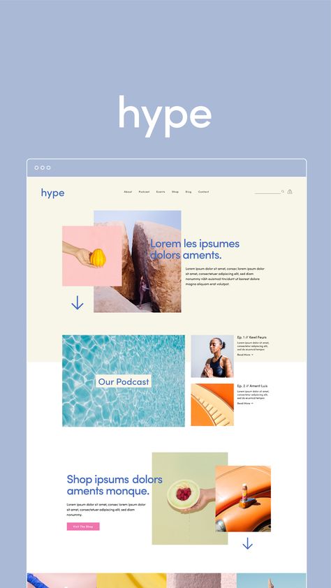 The Hype design is a sleek, modern, and dynamic Squarespace 7.0 Template design crafted for lifestyle brands, online influencers, communities, events, conferences, podcast hosts, bloggers, thought leaders, and influencers. This design is bright, playful, colorful and extremely functional and easy-to-implement. Hype Design, Bar Website, Podcast Website, Ux App Design, Cafe Branding, Squarespace Website Templates, Webpage Design, Modern Website, Brand Book