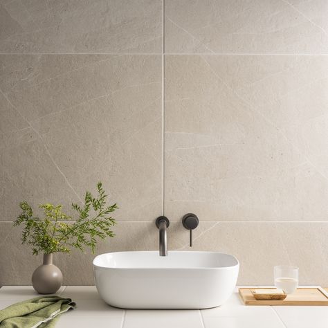 Atakora Beige Stone Effect Wall and Floor Tiles - 600 x 600mm Atakora stone effect tiles are a stunning choice for any home that wants to create a modern and elegant look. These tiles are made from porcelain, which is a durable and easy to maintain material that can withstand high traffic and moisture. The tiles have a realistic stone effect and a matt finish that enhances the stone texture and reduces glare. Atakora are suitable for both walls and floors, and can be used in any room of the hous Beige En Suite, Wall And Floor Tiles Bathroom, Beige Tiled Bathrooms, Japandi Bathroom Tiles, Beige Tiles In Bathroom, Beige Stone Bathroom, Beige Wall Bathroom, Beige Tiles Bathroom, Bathroom Ideas Beige Tile