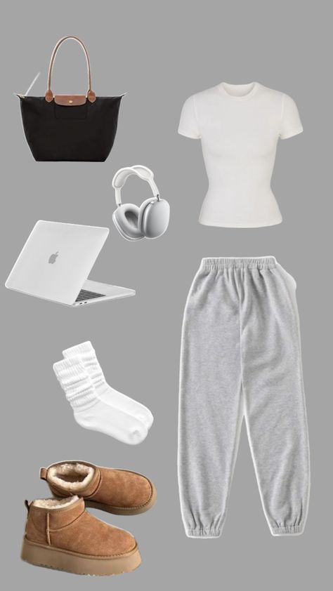 MacBook, apple head phones, long champ, sweat pants, skims top Coffee Advertisement, Comfy School Outfits, Long Champ, Cute Sweats, Simple Outfits For School, School Fit, Expensive Clothes, Casual Preppy Outfits, Outfit Inspo Casual