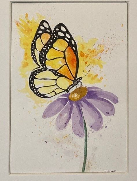 Butterfly and Purple Daisy / Original Watercolor Painting / Butte... Butterfly Painting Easy, Three Paintings, Butterfly On Flower, Painting Butterfly, Small Watercolor, Butterfly Art Painting, Butterfly And Flower, Beautiful Butterflies Art, Cool Pencil Drawings