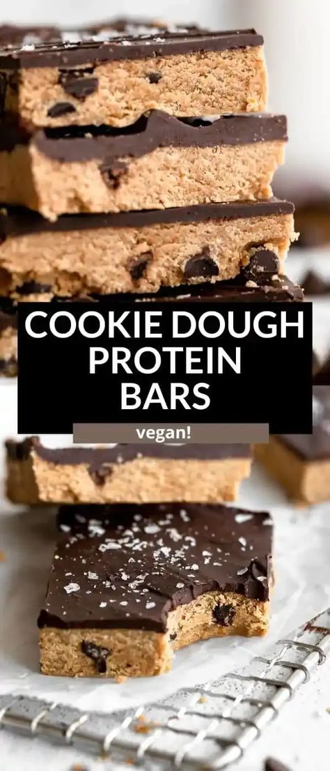 These vegan cookie dough protein bars are so easy to make, healthy and gluten free. These protein bars are refined sugar free, high in protein and topped with a chocolate coating. Protein Bars Without Protein Powder, Protein Bars Vegan, Cookie Dough Protein Bars, No Bake Protein Bars, Fitness Snacks, Cookie Dough Protein, High Protein Cookies, Healthy Protein Bars, Protein Cookie Dough