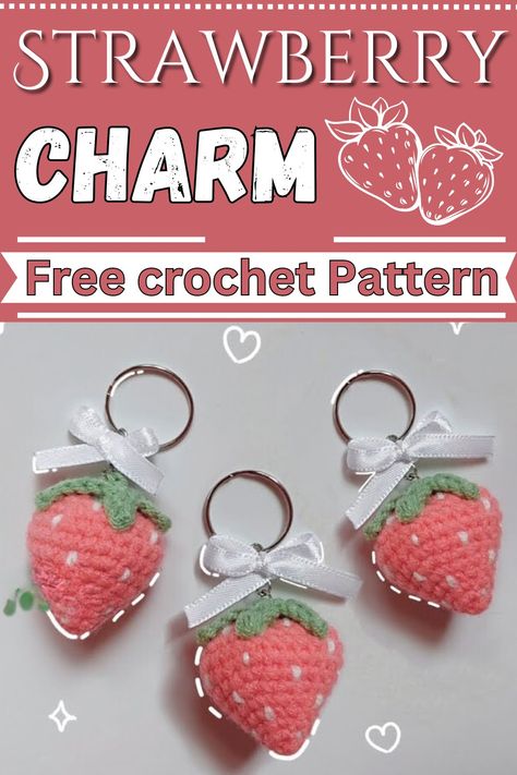 Crochet Strawberry Amigurumi Pattern For Spring Charm Crochet Projects Strawberry, Mushroom Crochet Keychain Pattern, Crochet Ideas Strawberry, Free Crochet Pattern Strawberry, Amigurumi Keychain Ideas, Crocheted Strawberry Pattern, Crochet Strawberry Keychain Pattern, Crochet Strawberry Keychain Pattern Free, Free Crochet Strawberry Pattern