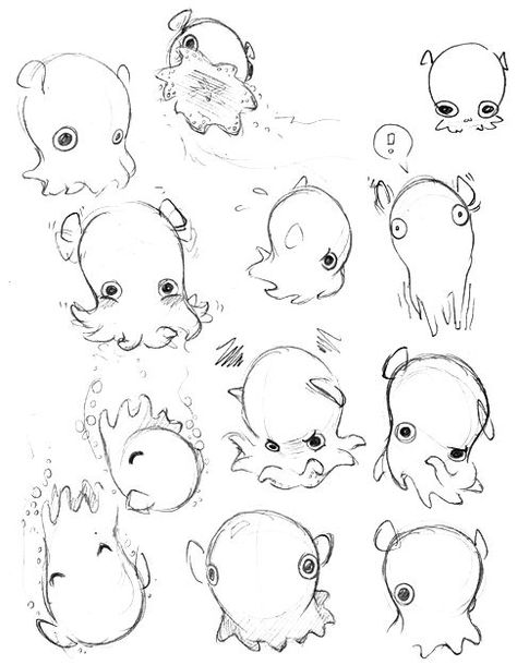 Fish Character Design, Fish Character, Dumbo Octopus, Octopus Drawing, Draw Step By Step, Drawing Animals, Cute Octopus, Octopus Art, Cute Doodle Art