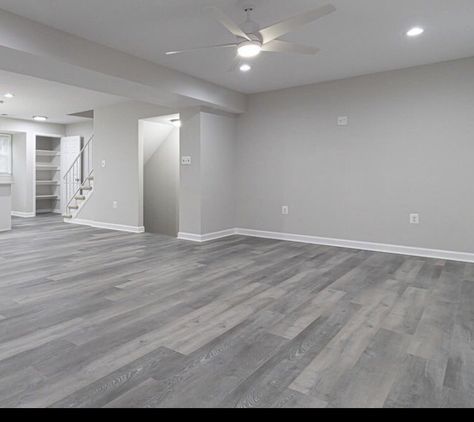 Grey Floor White Walls Living Room, Room Tiles Floor Bedroom Grey, Gray Walls With White Trim, Grey Flooring Wall Paint Ideas, Living Room Inspiration Grey Walls, Gray Laminate Flooring Bedroom, Light Gray Flooring, Wall Paint For Gray Floors, Paint Colors That Go With Gray Floors