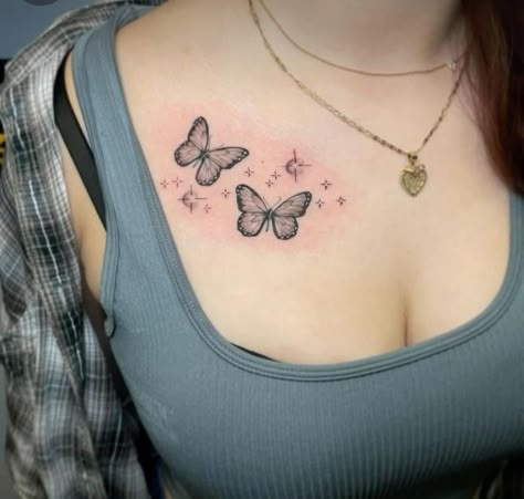 Butterfly Tattoo On Chest For Women, Butterfly On Chest Tattoo, Baddie Tats On Thigh, Thigh Tattoo Butterfly, Small Chest Tattoo Female Upper, Butterfly Chest Tattoo Female, Flower Tattoo On Chest, Girl Chest Tattoo, Chest Butterfly Tattoo