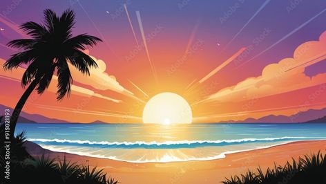 background of beauty sunset beach in end summer with palm silhouette Stock Illustration | Adobe Stock Download Background, Sunset Beach, Beach Sunset, Adobe Stock, Stock Illustration, Illustrations, Beauty