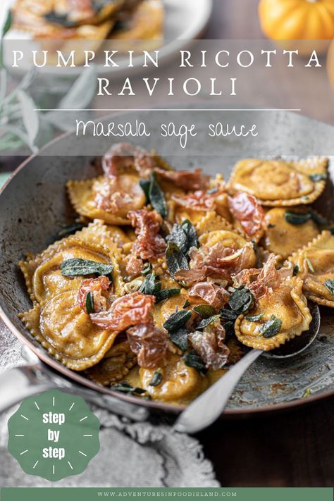 Pumpkin Ricotta Ravioli Filling, Pumpkin And Ricotta Ravioli, Pumpkin And Sage Ravioli, Pumpkin Ravioli Filling, Italian Pumpkin Recipes, Fall Ravioli Recipes, Fall Italian Recipes, Ricotta Ravioli Sauce, Spring Ravioli