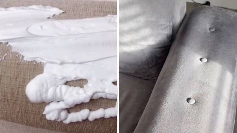 People Are Using Shaving Foam To Clean Their Sofas Cleaning Fabric Chairs, Remove Stains From Couch, Clean Fabric Couch, Cleaning Microfiber Couch, Cleaning Car Upholstery, Microfiber Couch, Shaving Foam, Cleaning Fabric, Clean Couch