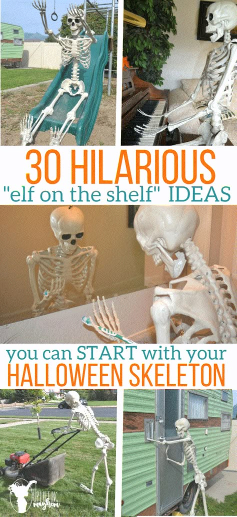 30 Hilarious "elf on the shelf" IDEAS you can start with your Halloween Skeleton - How cool is this?! Scary Halloween Decorations Outdoor, Strašidelný Halloween, Uhyggelig Halloween, Halloween Decorations Outdoor, Halloween Outside, Fairy Halloween Costumes, Party Playlist, Halloween Yard Decorations, Scary Halloween Decorations