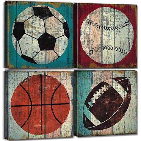 Amazon.com: Sports Decor for Boys Room Sports Wall Art Decor Soccer Ball Basketball Home Decoration Canvas Print Football Tennis Ball Baseball Pictures Painting Modern Artwork Stretch Framed 12x12 Inch 4 Panels: Posters & Prints Vintage Sports Decor, Football Paintings, Sports Room Boys, Baseball Painting, Brothers Room, Boys Room Wall Decor, Toddler Nursery, Marco Vintage, Basketball Wall Art