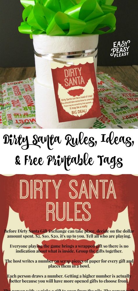 Dirty Santa Rules, Ideas for gifts, and free printable dirty Santa gift tags. #dirtysanta #dirtysantarules #dirtysantaprintables #dirtysantagifts Dirty Santa Rules Printable, Dirty Santa Party Ideas, Different Ways To Play Dirty Santa, Lottery Ticket Game Ideas Fun, Dirty Santa Game Ideas, Dirty Santa Theme Ideas, Dirty Santa Rules, Dirty Santa Game, Lottery Ticket Gift Ideas