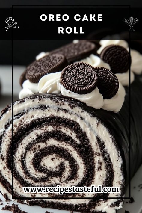 This Oreo Cake Roll combines the rich flavor of cookies and cream in a stunning rolled cake. Perfect for Oreo lovers, it's a delightful treat that will impress everyone! Oreo Cake Roll, Oreo Roll, Rolled Cake, Cocoa Powder Cookies, Cake Roll Recipes, Crushed Oreos, Whipped Cream Frosting, Jelly Roll Pan, Caking It Up