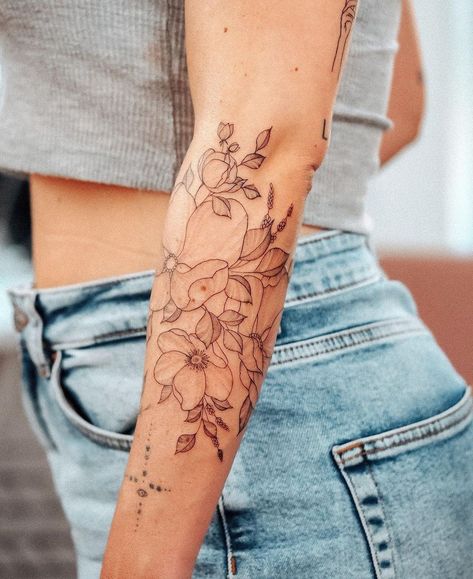 Bunami Ink, Dainty Flower Tattoos, Floral Arm Tattoo, Forearm Flower Tattoo, Wrap Tattoo, Band Tattoos, Feminine Tattoo Sleeves, Wildflower Tattoo, Beautiful Flower Tattoos