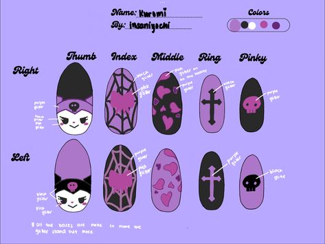 Monster High Nails, Kuromi Nails, Paper Nails, Black And Purple Nails, Almond Acrylic Nails Designs, Hello Kitty Nails Art, Kitty Nails, Fake Nails Designs, Paper Dolls Clothing