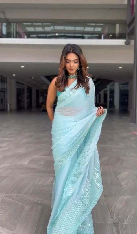 Light Blue Saree, Saree Indian Wedding, Sky Blue Saree, Farewell Sarees, Indian Wedding Saree, Pleated Saree, Sequence Saree, Saree Bollywood, Saree Jewellery