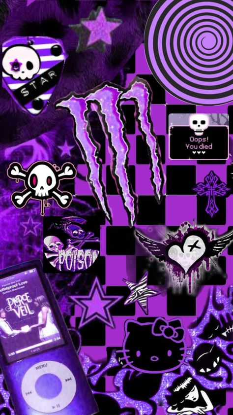 #scene #emo #wallpaper #scenemo #purple #monsterenergy Iphone Wallpaper Emo, Purple + Core + Aesthetic, Scene Kid Wallpaper, Scene Emo Wallpaper, Scenecore Wallpaper, Scene Core Wallpaper, Emo Backgrounds, Emo Aesthetic Wallpaper, Goth Aesthetic Wallpaper