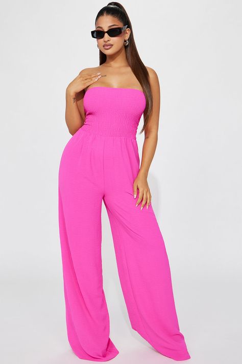 Available In Royal And Hot Pink. Jumpsuit Tube Strapless Smocked Wide Leg Slight Stretch 100% Polyester Imported | Mabel Smocked Jumpsuit in Hot Pink size Small by Fashion Nova Pink Fitted Strapless Jumpsuit For Summer, Hot Pink Jumpsuit Outfit, Pink Strapless Jumpsuit For Night Out, Hot Pink Jumpsuit Plus Size, Pink Fitted Strapless Casual Jumpsuit, Hot Pink Strapless Jumpsuit, Pink Jumpsuits Outfit, Hot Pink Jumpsuit, Smocked Jumpsuit