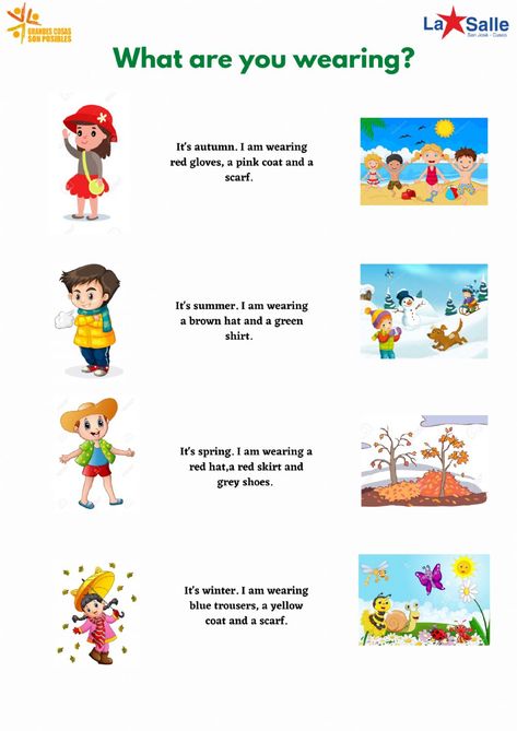 Season Clothes Worksheet, Seasons And Clothes Worksheet, Season Activities For Kids, Wh Questions Kids, Season Worksheet, English Primary School, Seasons Lessons, Seasons Worksheets, Kindergarten Phonics