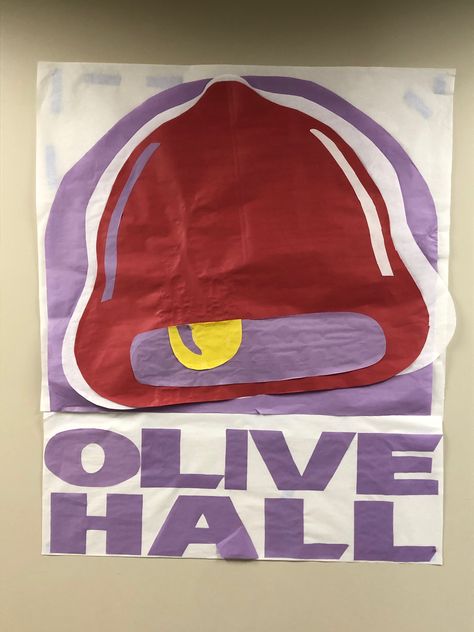 Taco Bell theme floor decorations Dorm Themes, Ra Themes, Classroom Bulletin Board, Bell Decorations, Cook Off, Taco Bell, College Dorm, Dorm Decorations, Bulletin Board