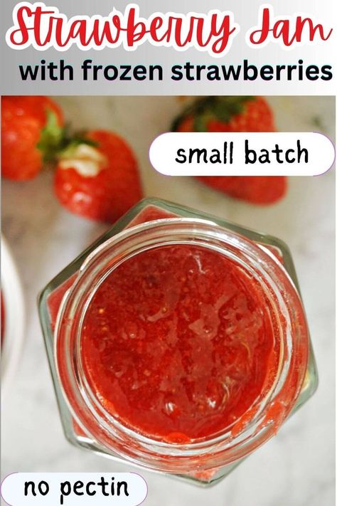 A jar with strawberry jam. Strawberry Jam With Frozen Strawberries, Refrigerator Strawberry Jam, Strawberry Jam Recipe Without Pectin, Strawberry Jelly Recipes, Making Strawberry Jam, Frozen Strawberry Recipes, Jam Without Pectin, Fruit Jam Recipes, Frozen Fruit Recipes