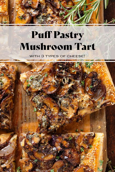 This Puff Pastry Mushroom Tart is made with three kinds of cheeses, caramelized red onions, and garlicky mushroom with rosemary and thyme. This crispy savory mushroom tart makes a great appetizer, lunch, or a light dinner. Serve it as a starter at your next party, Thanksgiving, or Christmas Eve! Upside Down Cream Of Mushroom Tartlets, Upside Down Savory Tarts, Wild Mushroom Tart, Pastry Puff Recipes Appetizers, Mushroom Puff Pastry Appetizers, Mushroom Turnovers Appetizers, Mushroom Tarts Appetizer, Mushroom Puff Pastry Recipes, Mushroom Tart Puff Pastry