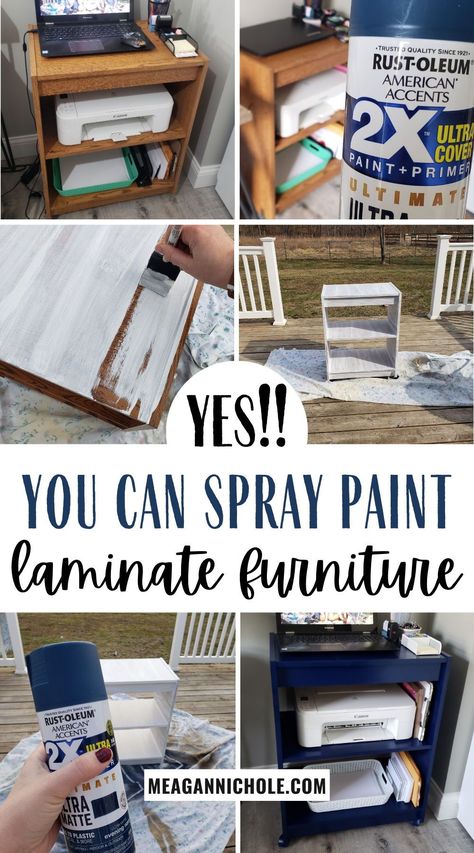 Wanting to know how to do a laminate furniture makeover? Learn the easiest way to paint laminate furniture with our tutorial! Did you know you can do a DIY laminate furniture makeover using spray paint? We love a good laminate furniture flip to make our space look and feel beautiful on a budget. Go to MeaganNichole.com to learn how to do a DIY laminate furniture makeover! Painting Laminate Wood Furniture, Spray Painting Laminate Furniture, Painted Particle Board Furniture, Painting Cheap Furniture, How To Decoupage Laminate Furniture, Spray Paint Laminate Furniture, Best Spray Paint For Furniture, Refinish Laminate Furniture, How To Paint Mdf Furniture