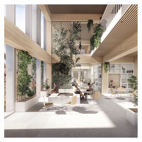 NORD Architects Copenhagen on Instagram: “The C02 neutral workplace No. 98 The use of cross laminated timber allows for a high degree of customization and flexibility in the office…” Illustration Perspective, Cross Laminated Timber, The Office Building, Positive Environment, Danish Architecture, Timber Architecture, Healthcare Architecture, Elderly Home, H Design