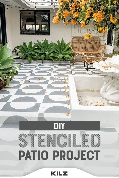 We have an inspiring Q&A that includes a stunning stenciled courtyard makeover using KILZ 3® Premium Primer and KILZ Over Armor® concrete coating. Mid Century Courtyard, Courtyard Makeover, Concrete Stencil, Red Flowers Garden, Kilz Primer, Ornamental Garden, Patio Projects, Patio Interior, Patio Makeover