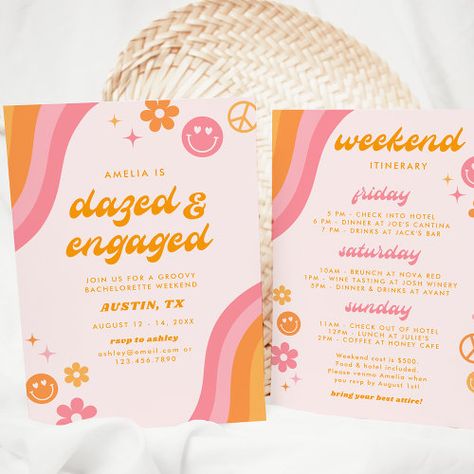 Dazed & Engaged Pink & Orange Bachelorette Weekend for $3.08 - Bachelorette Party Invitations Retro Theme Bachelorette Party, Pink Orange Bachelorette, Orange Bachelorette Party, Orange Bachelorette, Dazed And Engaged Bachelorette, Bachelorette Card, Groovy Theme, Honey Cafe, Orange Invitation