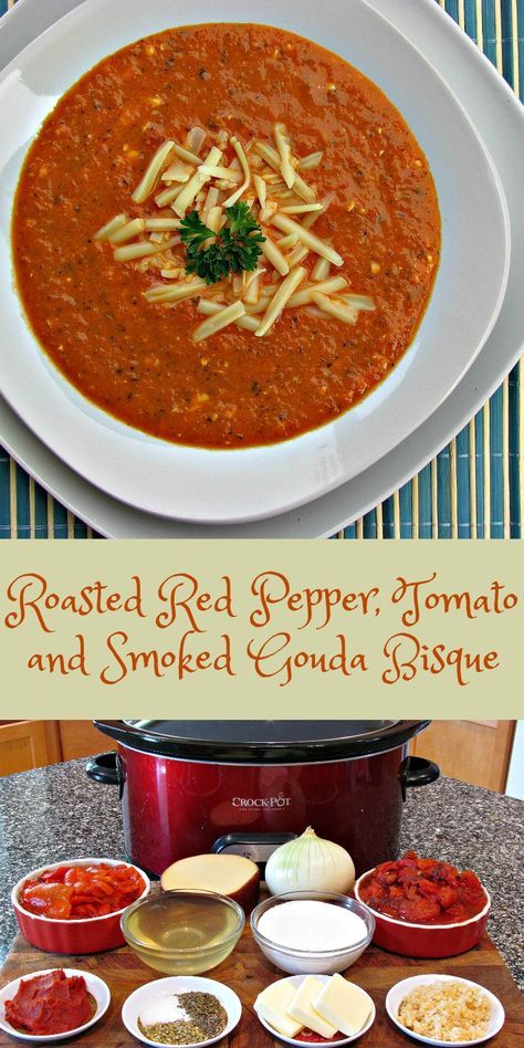 Slow Cooker Low Carb and Gluten Free Keto Roasted Red Pepper, Tomato and Smoked Gouda Bisque Soup. So good, there won't be any leftovers. Gouda Soup, Bisque Soup, Roasted Red Pepper Soup, Low Carb Soup Recipes, Red Pepper Soup, Soup Appetizers, Tomato Bisque, Smoked Gouda, Low Carb Soup