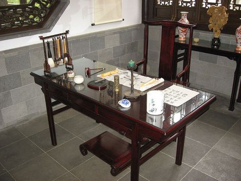 Chinese Garden scholar's desk by neelysally, via Flickr. Includes implements that the scholar used for calligraphy and painting; ink blocks, ink stones, brush pots, brushes Chinese Desk, Complete Bathroom Remodel, Beautiful Bathroom Decor, Blue Bathroom Vanity, Calligraphy Set, Latest Bathroom, Chinese Furniture, Chinese Brush Painting, Japanese Calligraphy