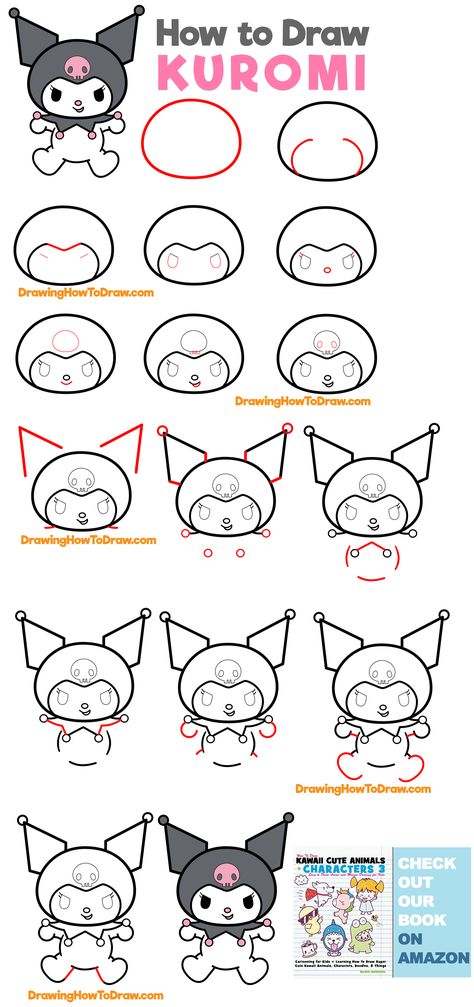 How to draw Kuromi from My Melody and Hello Kitty Easy Step by Step Drawing Tutorial for Kids Kuromi Simple Drawing, Hello Kitty Kuromi Drawing, Kuromi Drawing Tutorial, How To Draw Hello Kitty And Friends, Easy Draw Tutorial, How To Draw My Melody Step By Step, How To Draw Melody, Kuromi How To Draw, Sanrio How To Draw