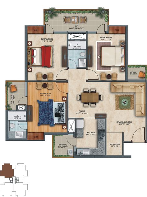 3BHK luxury flats in Zirakpur | 3 BHK Apartments in Zirakpur | Affinity 30x40 House Plans, 3d Floor Plan, 3d House Plans, Plan Layout, House Outer Design, Latest House Designs, House Floor Design, Building Plans House, House Plan Gallery