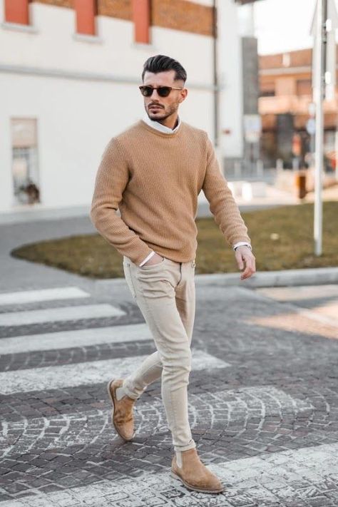 Trendy Mens Jeans, Beige Sweater Outfit, Beige Chelsea Boots, Tan Chelsea Boots, Mens Fall Outfits, Chelsea Boots Men Outfit, Chelsea Boots Outfit, Boots Men Outfit, Sweater Outfits Men