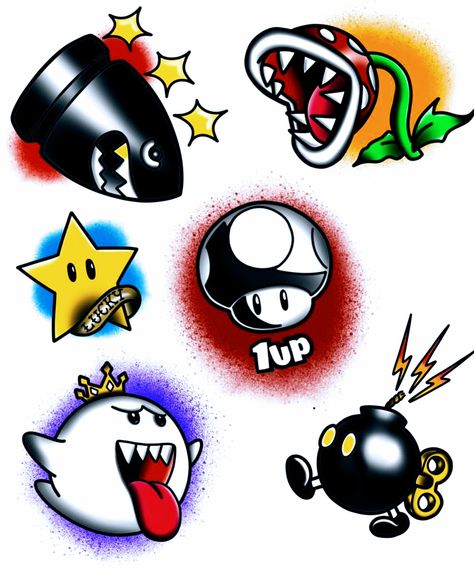 Ghost From Mario Tattoo, Mario Brother Tattoos, Super Mario Brothers Tattoos, Mario Character Tattoos, Super Mario Bros Drawing Ideas, Super Mario Flash Tattoo, Super Mario Drawing Ideas, Mario Theme Tattoo, Super Mario Bros Tattoo Ideas