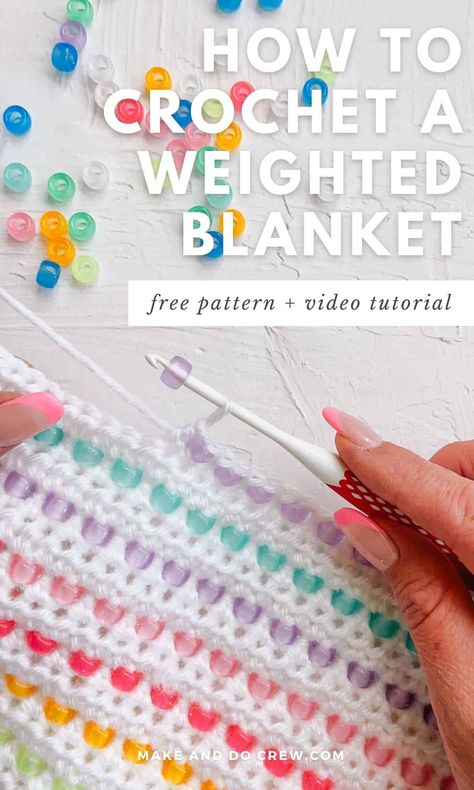 Have you ever wondered how to crochet a weighted blanket? Then this free crochet blanket pattern is for you! In this advanced beginner pattern from Make and Do Crew, you'll learn how to make a weighted blanket with pony beads. This heavy blanket is the perfect pattern for learning new crochet techniques, like how to add beads to crochet without pre-stringing. Visit our blog for the free blanket pattern, video tutorial, and photo tutorial. | Crochet for Home Girls Crochet Blankets Free Pattern, Crochet Weighted Blanket With Beads, Weighted Blanket Pattern, How To Read Crochet Patterns, Girls Crochet Blanket, Crochet Weighted Blanket, Quick Baby Blanket Crochet, Quick Crochet Baby Blanket, Blanket Patterns Crochet