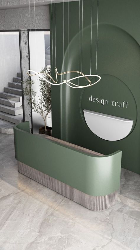 Unique Salon Design, Studio Reception Design, Company Reception Design, Reception Desk Design Office, Reception Space Design, Curved Reception Desk Design, Office Reception Ideas, Modern Office Reception Design, Ceiling Design For Office